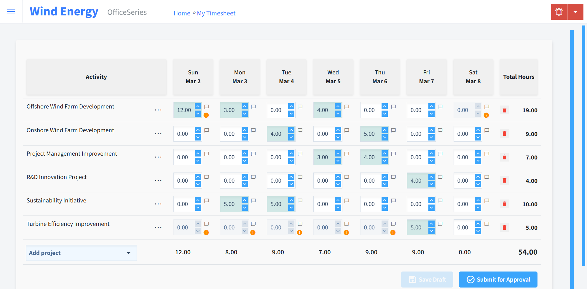 Wind Energy Timesheet Time Entry